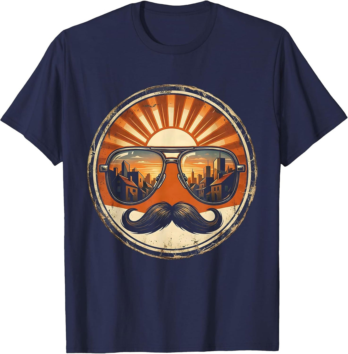 Men's Aviator Sunglasses Sunset Skyline Retro 80s Design T-Shirt - Navy Blue