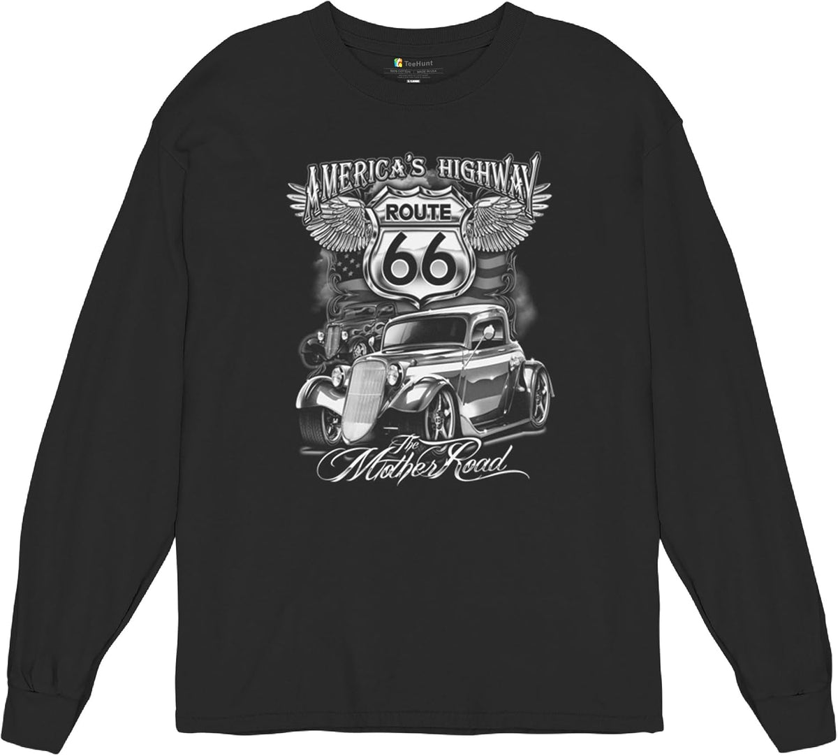 Route 66 America's Highway Long Sleeve Novelty T-Shirt Biker Classic Historic - Black