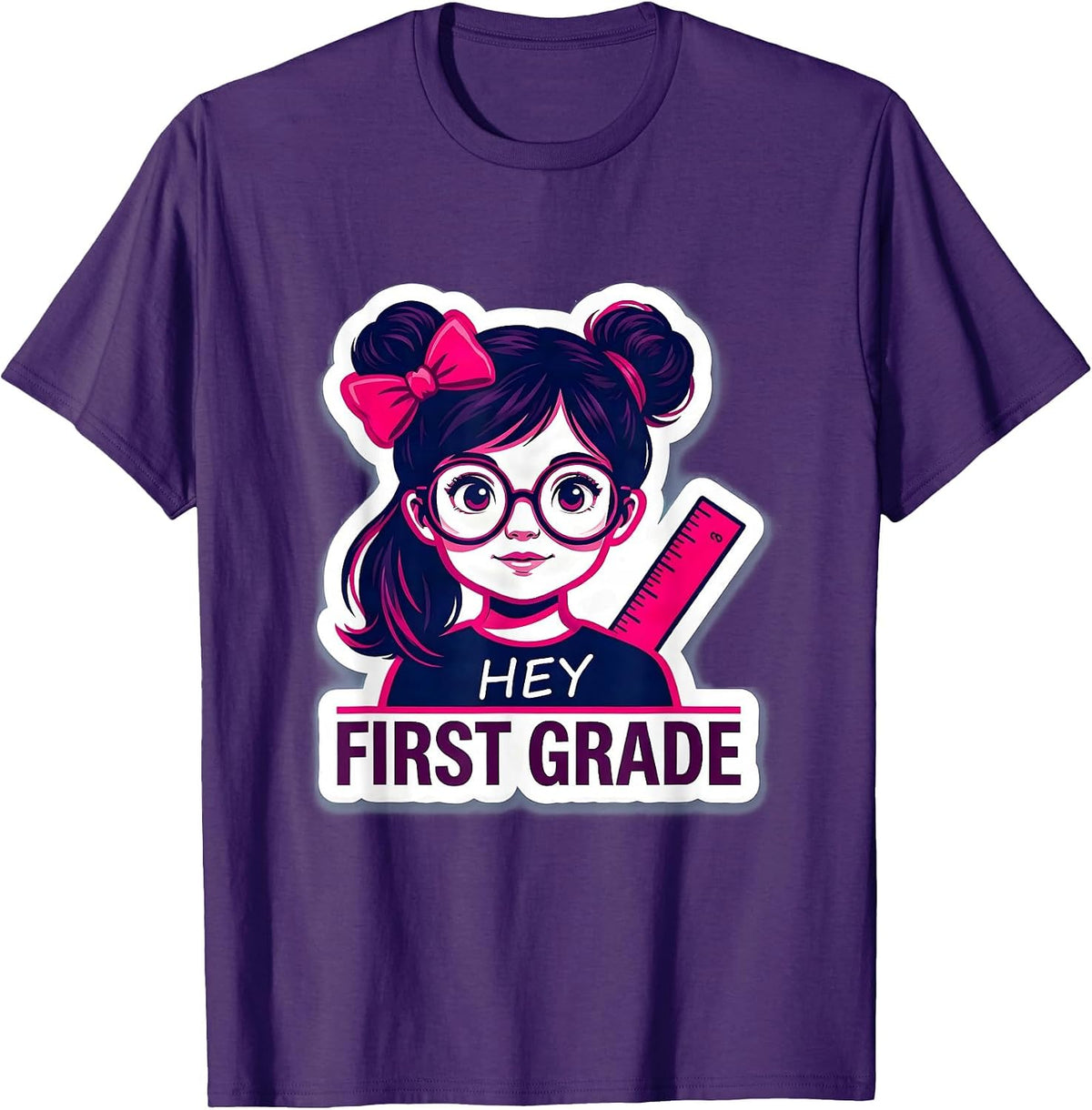 Men's Hey, First Grade Cute Messy Bun Back To School Girl T-Shirt - Purple