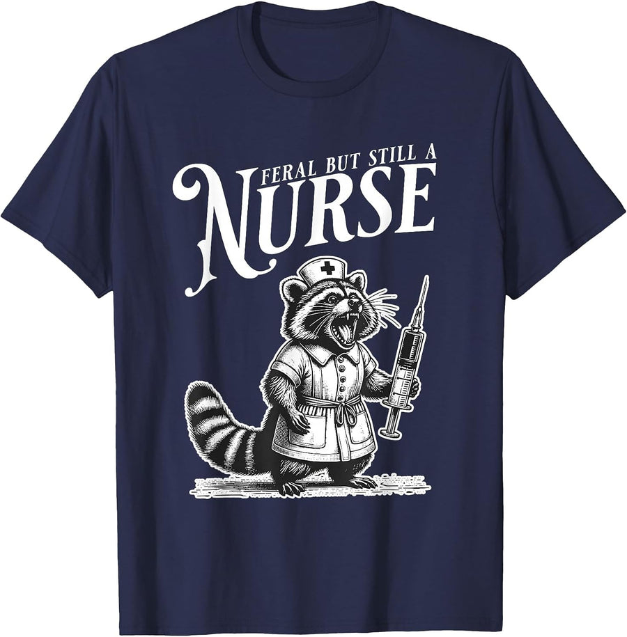Funny Raccoon Feral But Still A Nurse Retro Trash Panda T-Shirt - Navy Blue