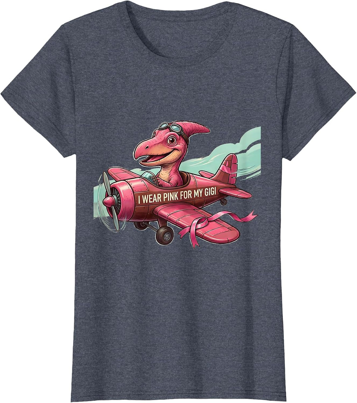 Women's I Wear Pink For My Gigi Dinosaur Breast Cancer Awareness T-Shirt - Heather Blue