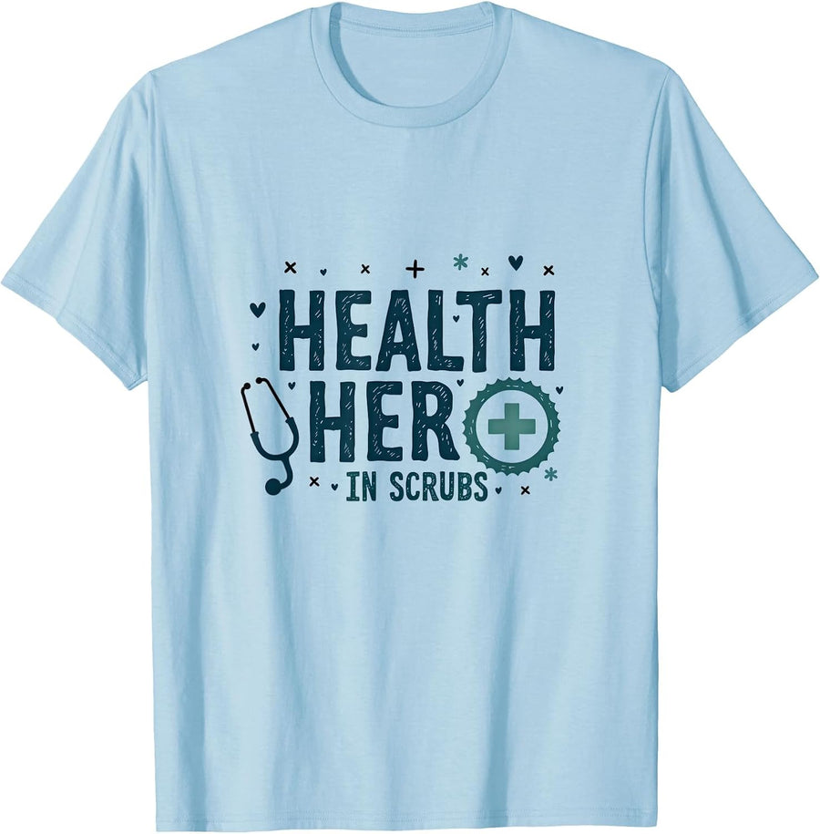 Health Hero in Scrubs School Nurse Design T-Shirt - Baby Blue