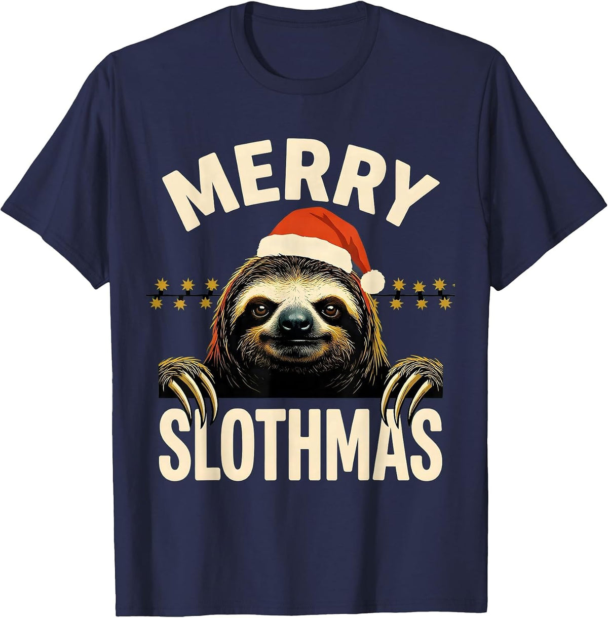 Merry Slothmas Cute Sloth Lover Christmas Animal Santa Hat T-Shirt - Navy Blue