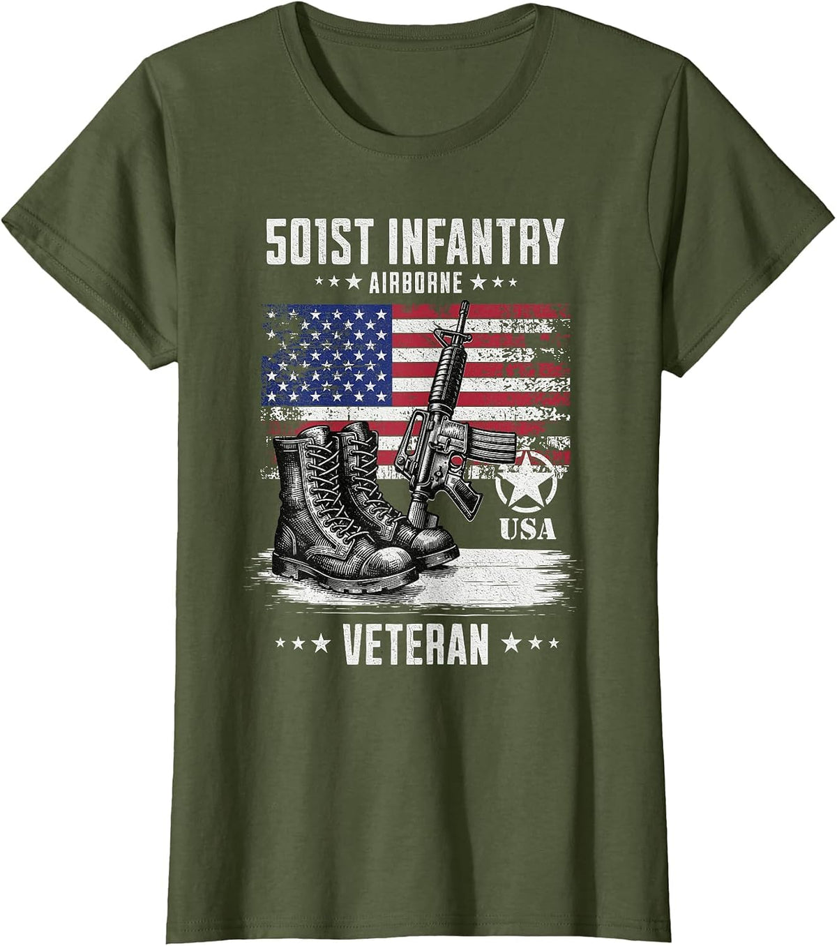 501st Infantry 82nd Airborne Military Veteran Distressed T-Shirt - Olive Green