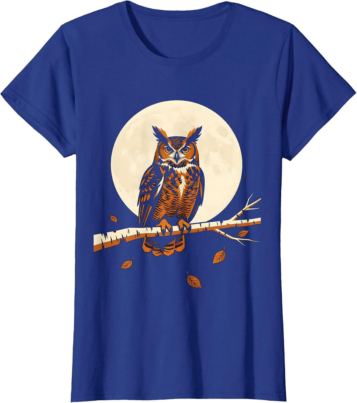 Women's Owl on Birch Branch Autumn Night Illustration T-Shirt - Royal Blue