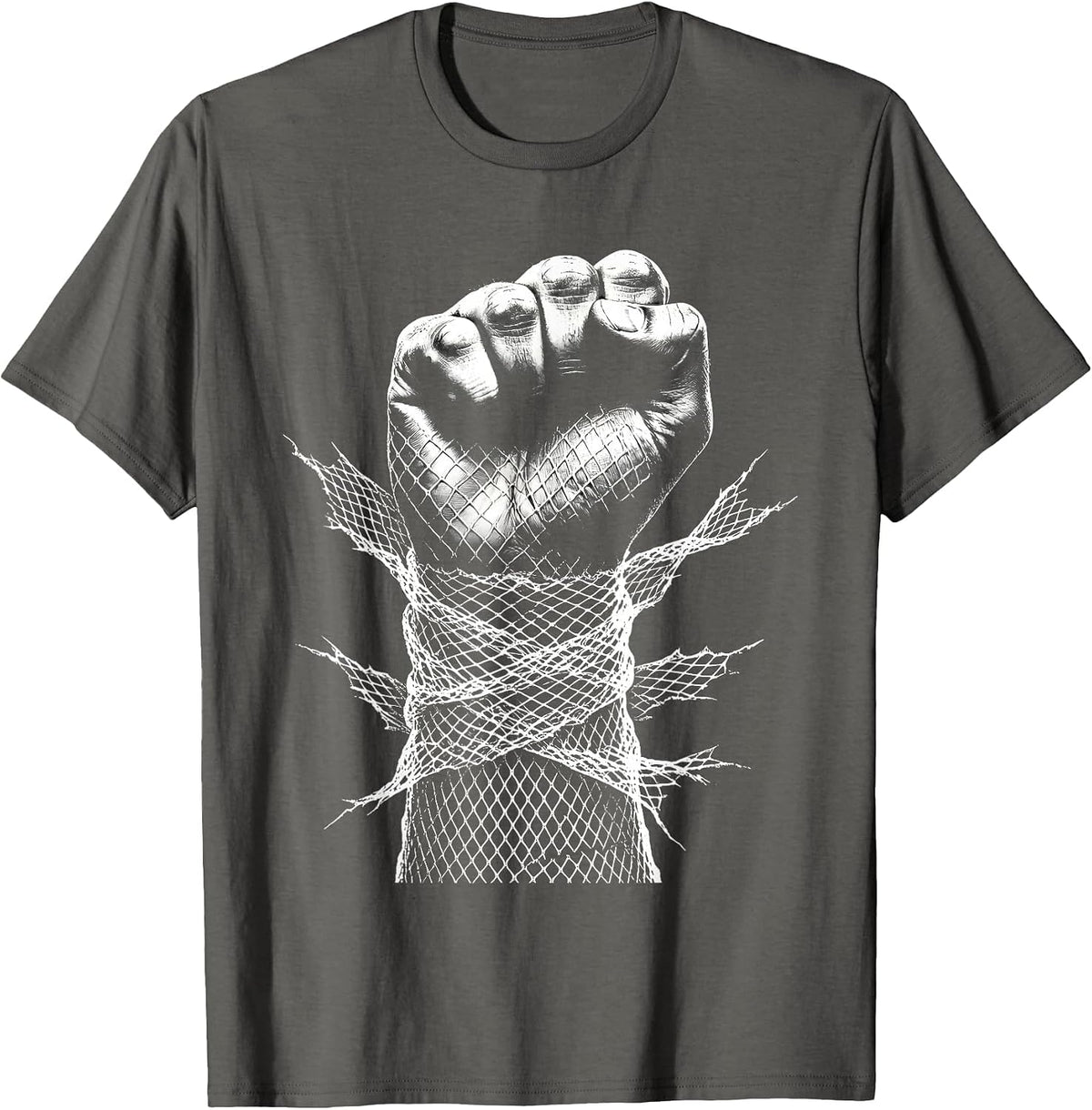 Punk Fishnet Fist Graphic Design T-Shirt - Asphalt Grey