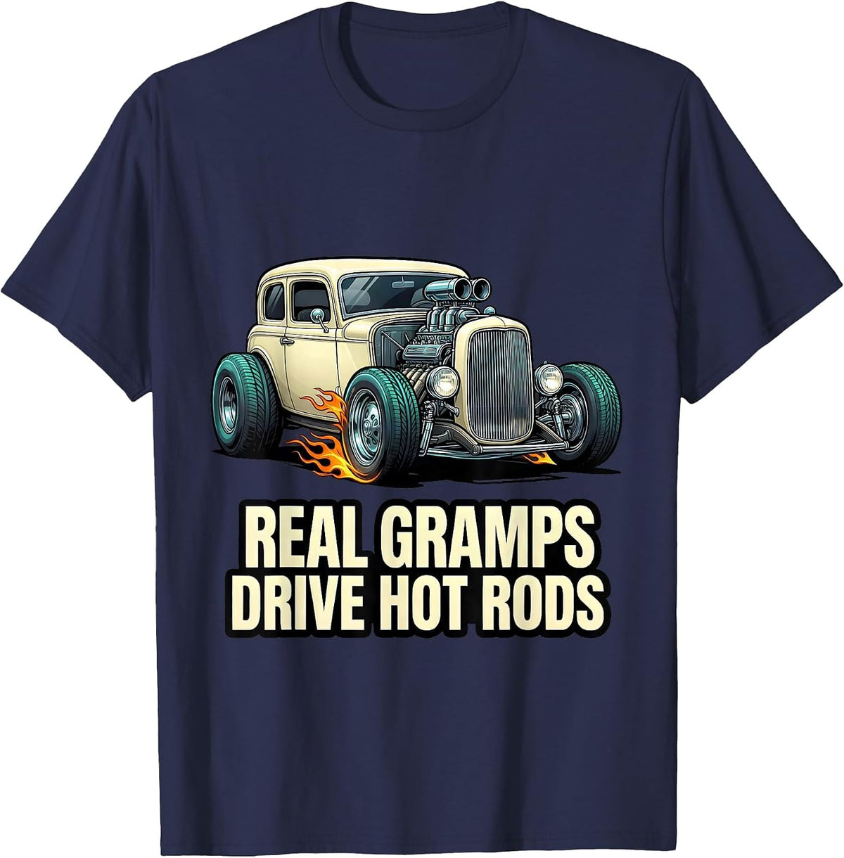 Men's Real Gramps Drive Hot Rods Custom Car Cartoon Hot Rod T-Shirt - Navy Blue