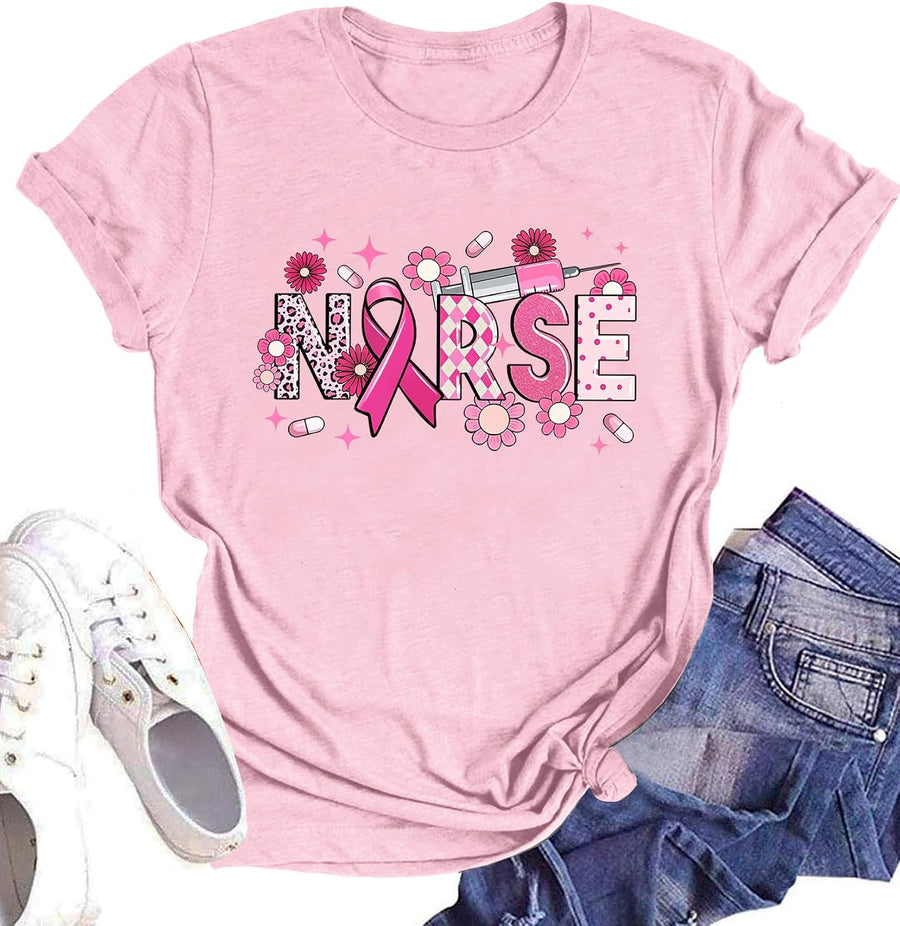 Breast Cancer Nurse Shirt for Women : Breast+Cancer+Awareness Shirts Pink Nursing Tee Cancer Support Outfit - Pink1