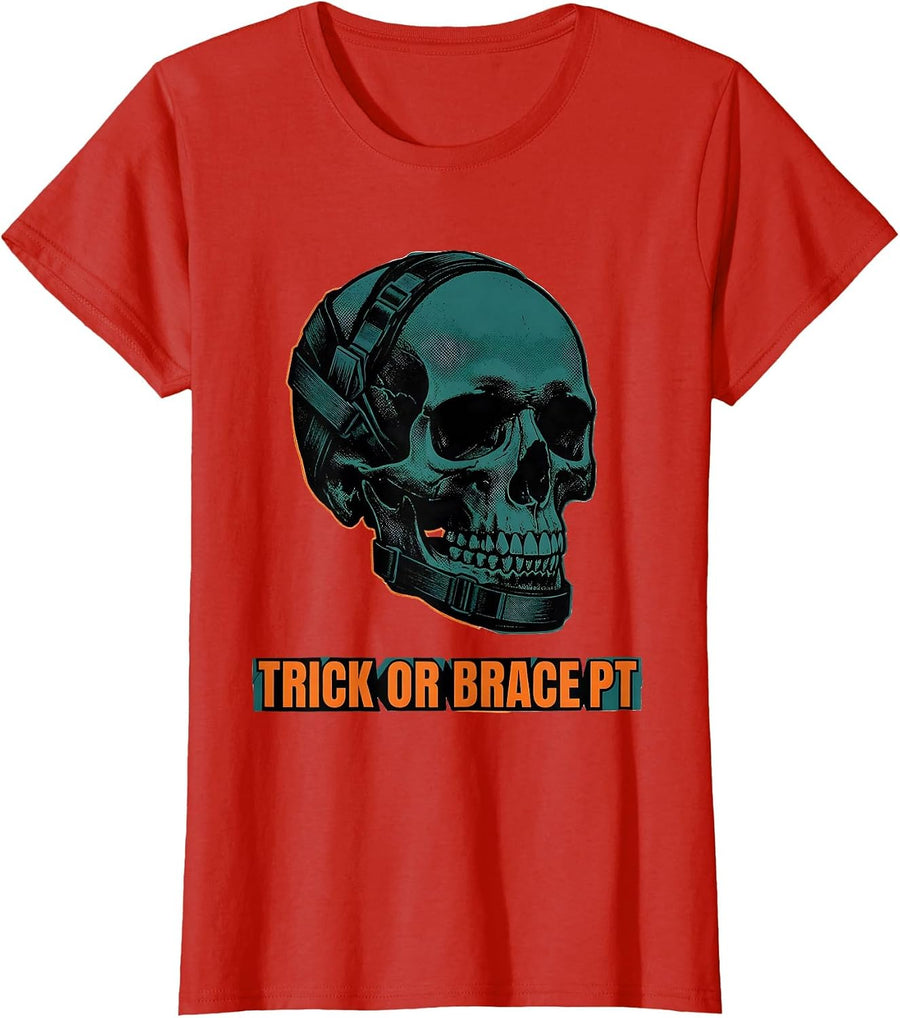 Women's Trick Or Brace PT Funny Physical Therapy Halloween Workwear T-Shirt - Red