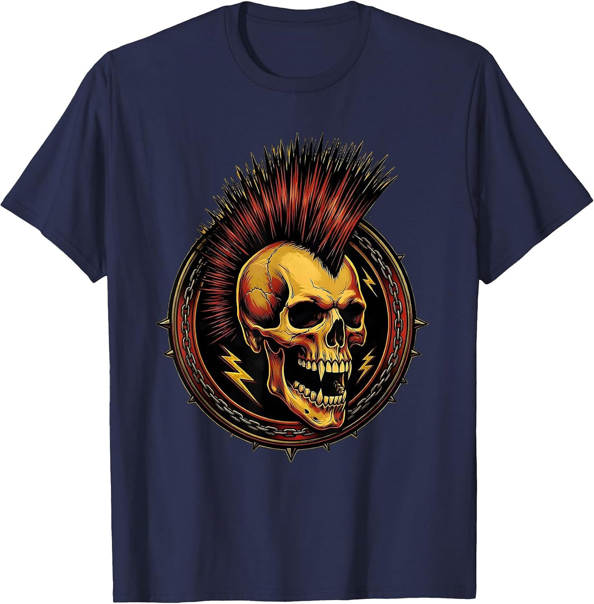 Punk Skull Mohawk Graphic Design T-Shirt - Navy Blue