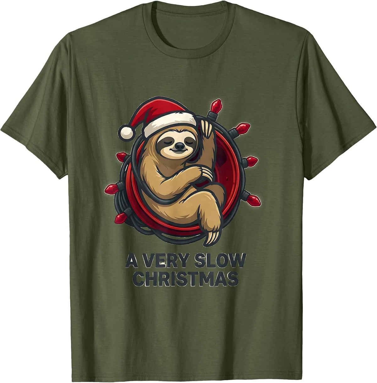 A Very Slow Christmas Funny Sloth Lover Holiday Pajama Gift T-Shirt - Olive Green