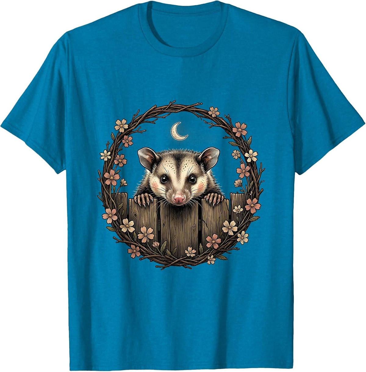 Opossum Peeking Over Fence Funny Wildlife Design T-Shirt - Sapphire Blue