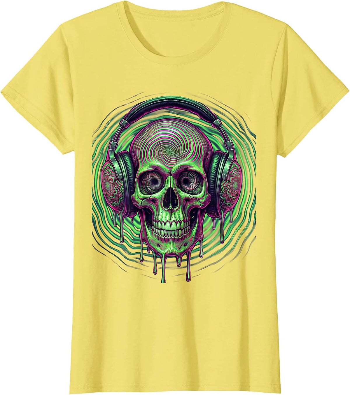 Women's Skull With Oversized Vintage Headphones Graphic T-Shirt - Lemon Yellow