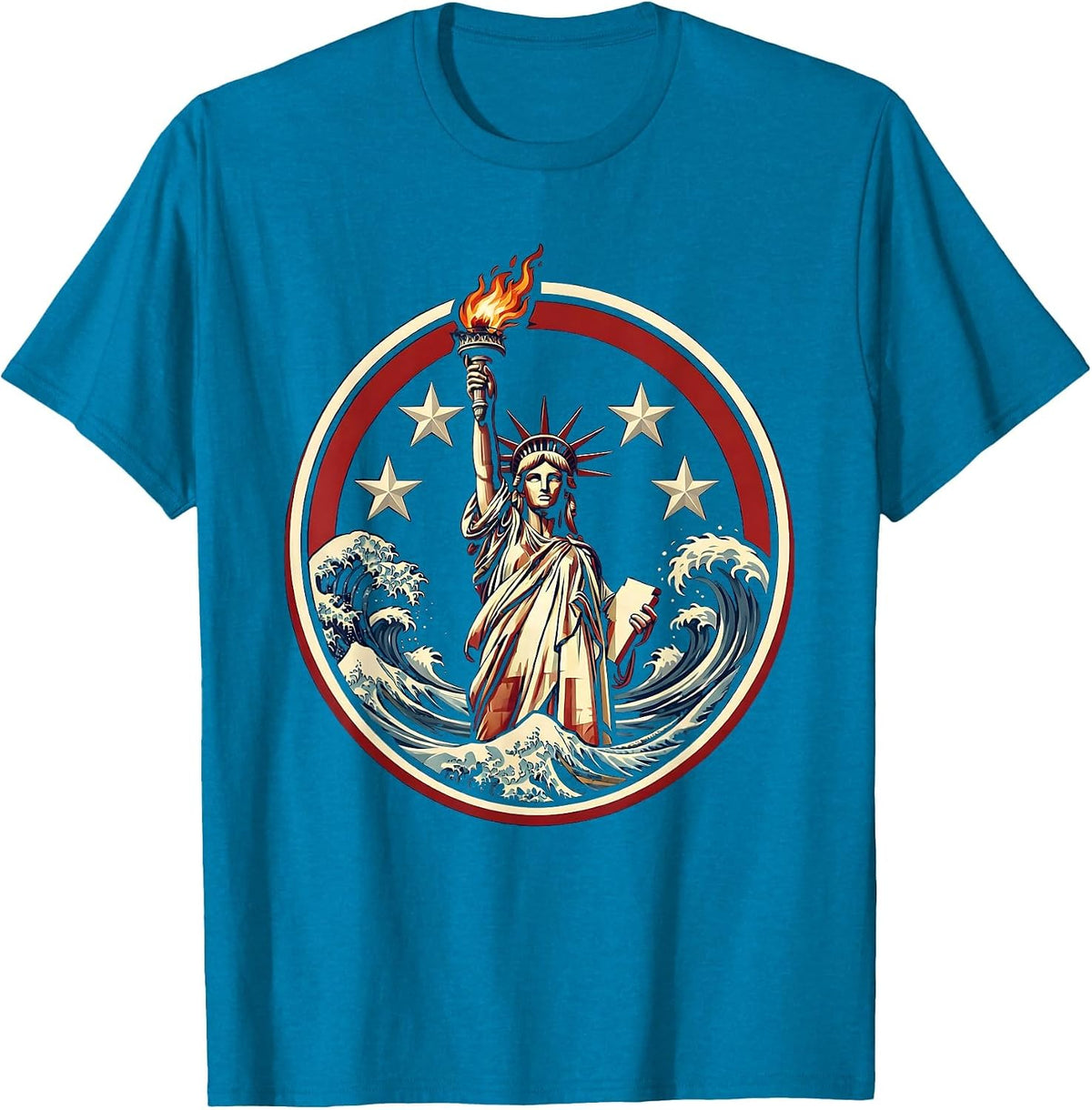 Red White and Blue Torch Bearer Ocean Waves T-Shirt - Sapphire Blue