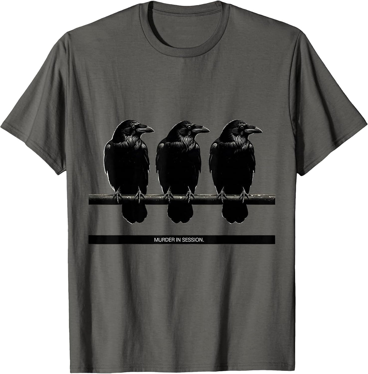 Men's MURDER IN SESSION Silhouette Dark Humor Crow Lover Gothic T-Shirt - Asphalt Grey