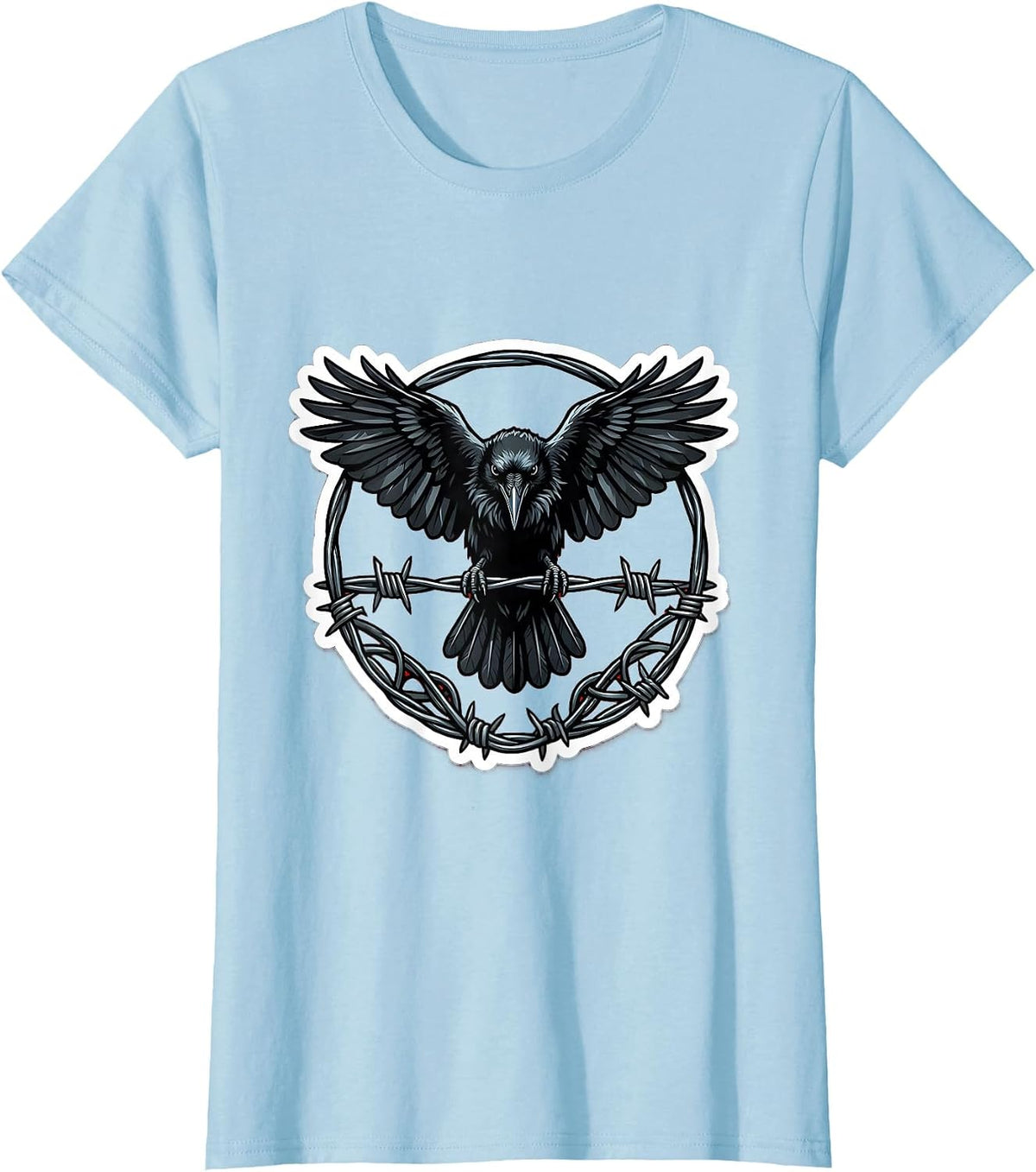 Crow on Razor Wire Fence Illustration T-Shirt - Baby Blue