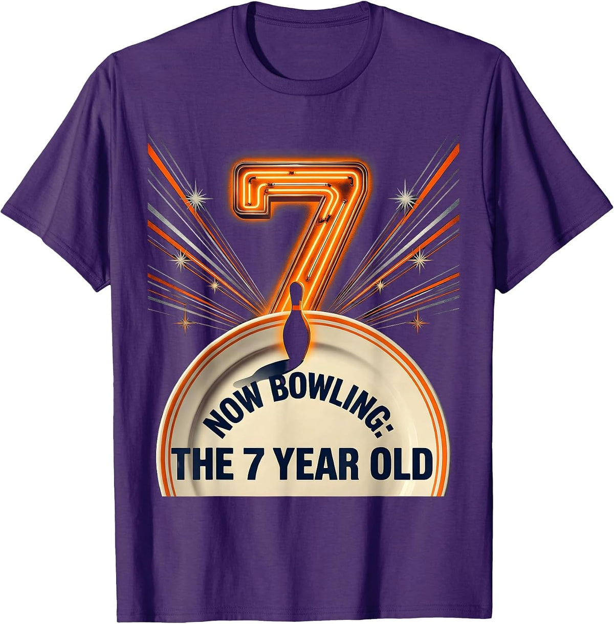 Now Bowling The 7 Year Old Retro Futurist Birthday Party T-Shirt - Purple