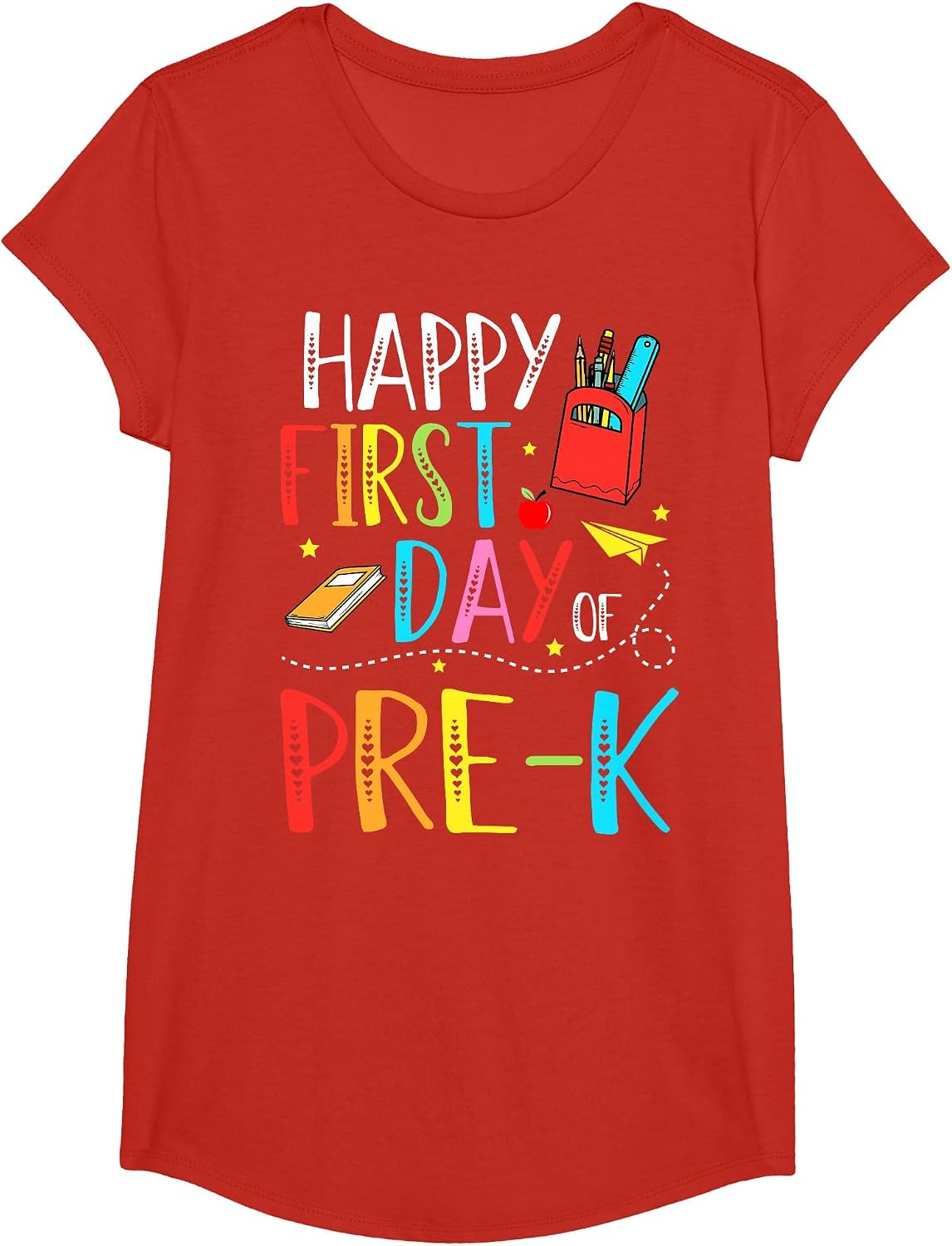 Happy First Day of Pre-K Teacher Student Kids Back to School T-Shirt - Girls Red
