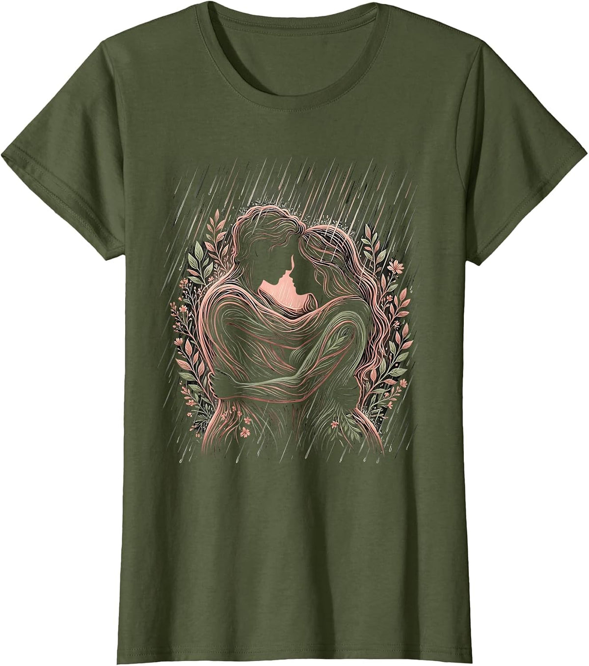 Women's Kindness in the Rain Hugging Figures Illustration T-Shirt - Olive Green