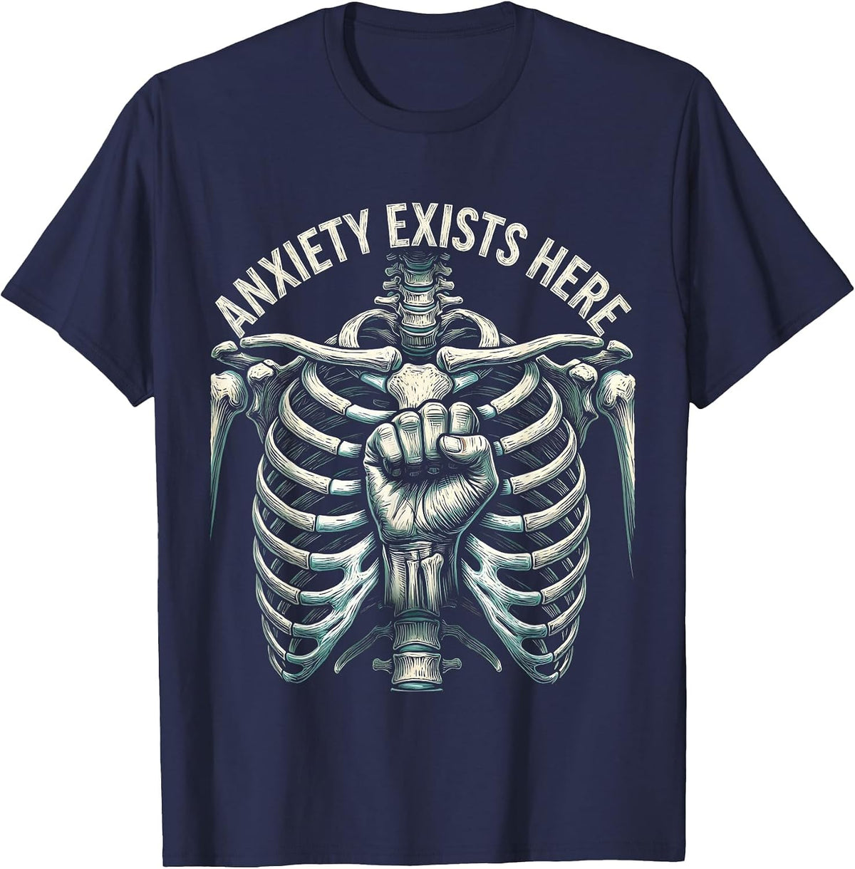Anxiety Exists Here Mental Health Awareness Design T-Shirt - Navy Blue