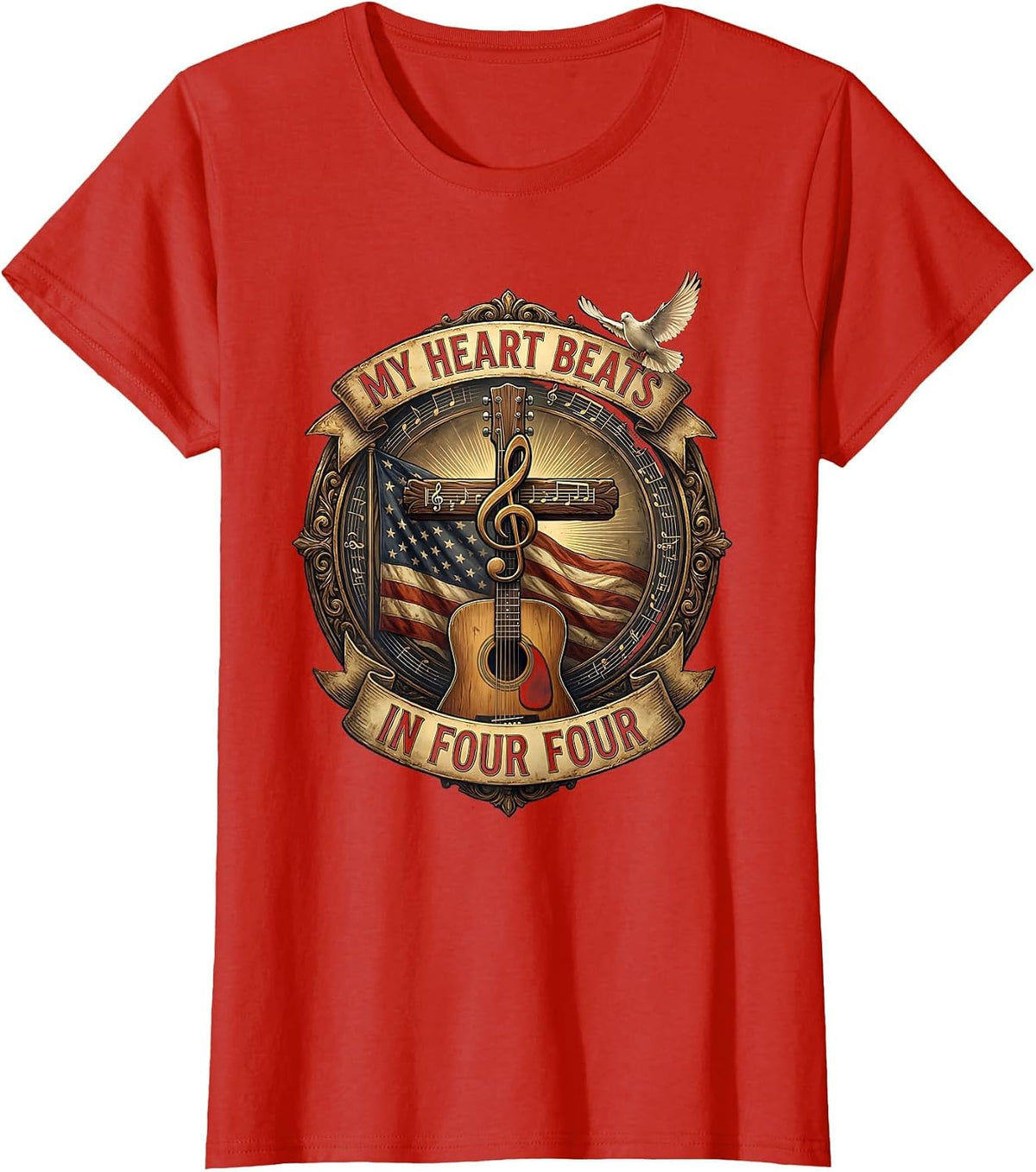 My Heart Beats In Four Four Music Teacher Design T-Shirt - Red