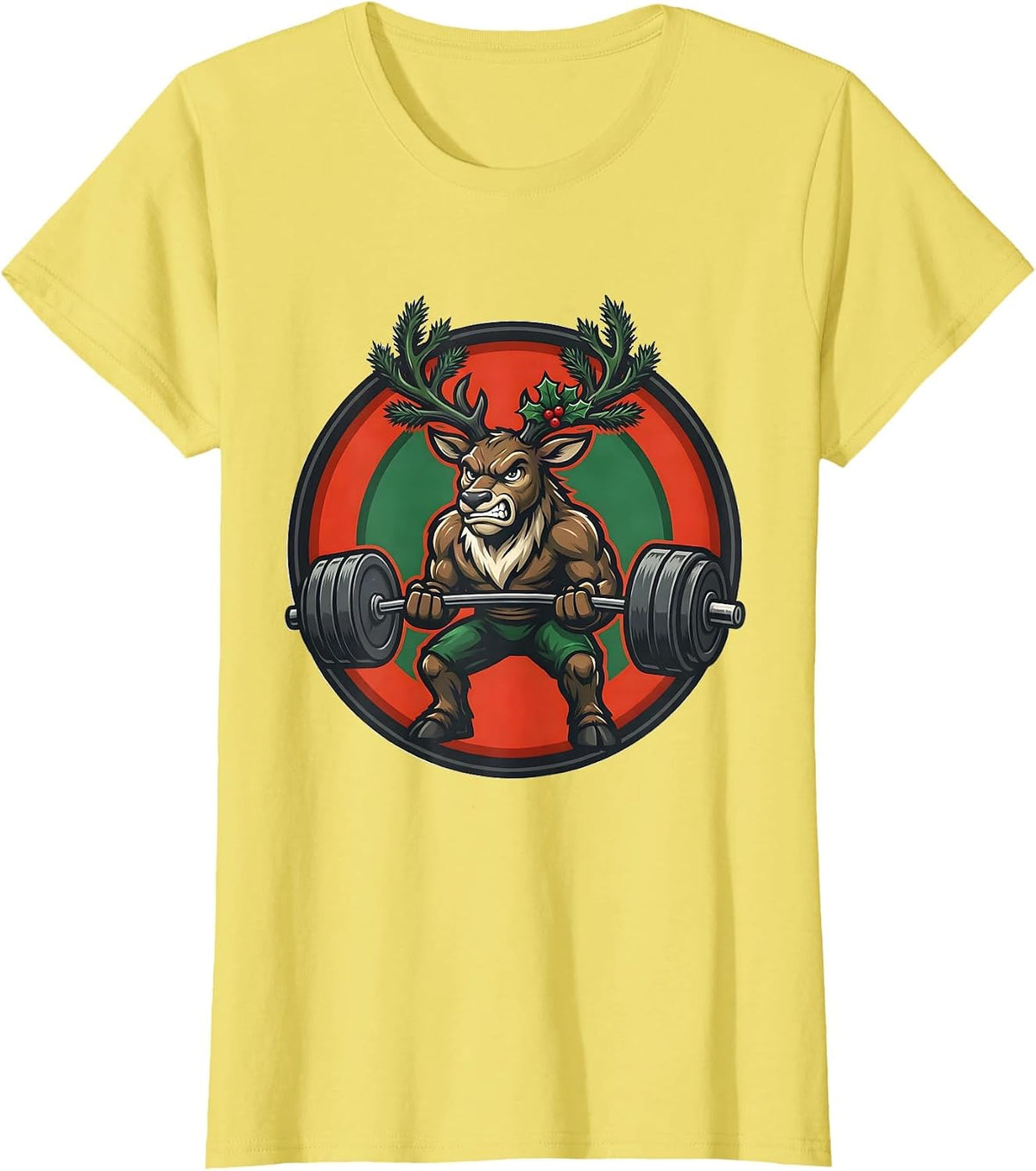 Reindeer Mascot Weightlifting Christmas Gym Humor T-Shirt - Lemon Yellow