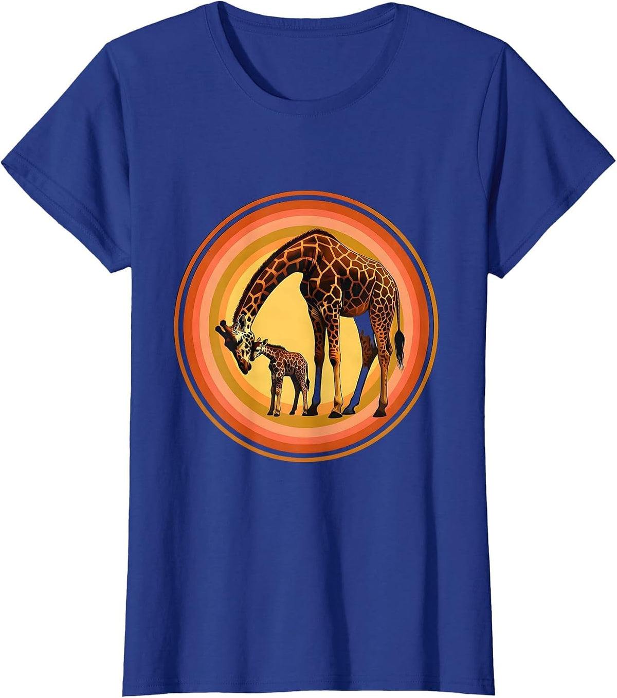 Women's Mother Giraffe and Cub Tender Moment Illustration T-Shirt - Royal Blue