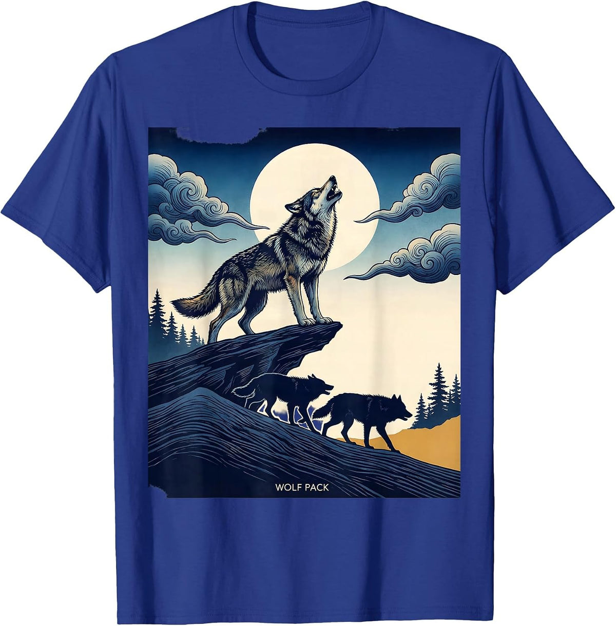 Wolf Pack Ukiyo-e Howling Wolf Lover Wildlife Art T-Shirt - Royal Blue
