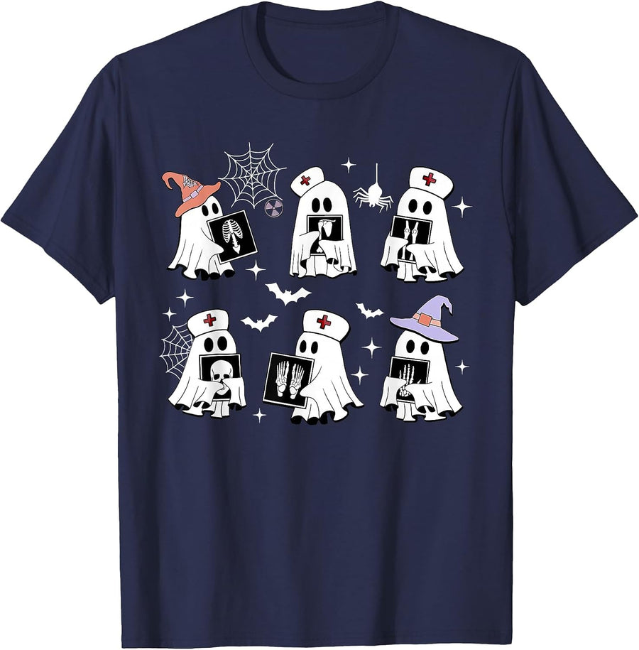 Funny X-ray Tech Ghosts Boo Sheet Radiology Spooky Halloween T-Shirt - Navy Blue