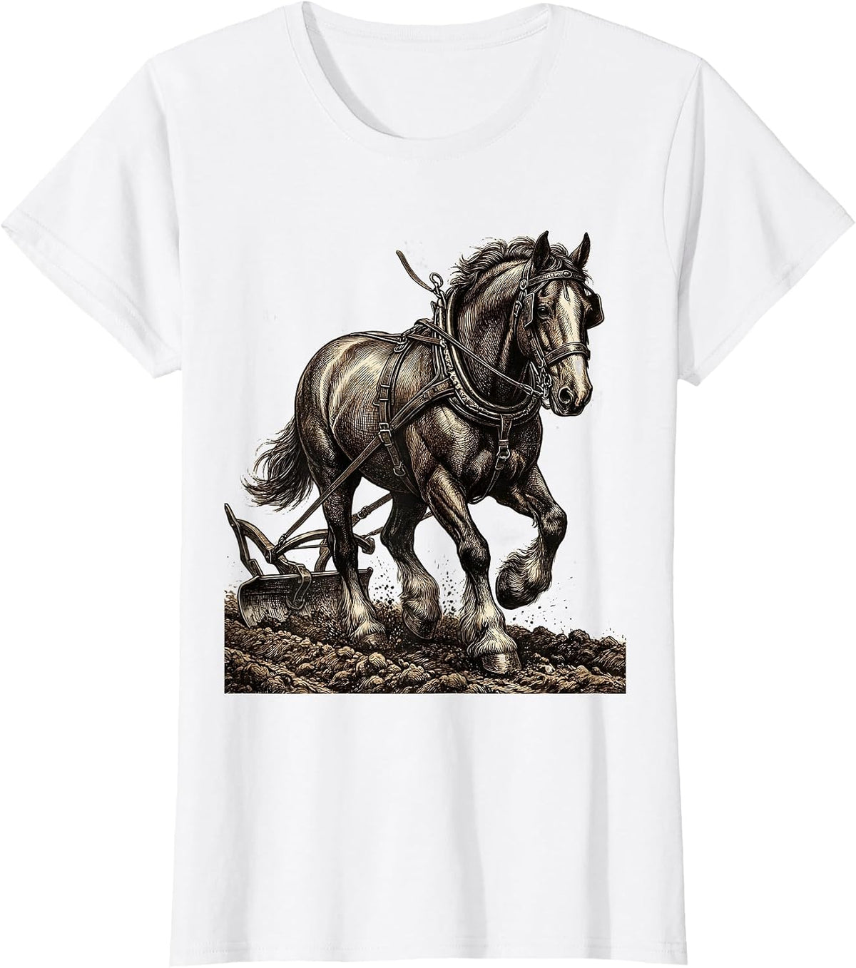 Women's Draft Horse Plowing Field Graphic Tee T-Shirt - White