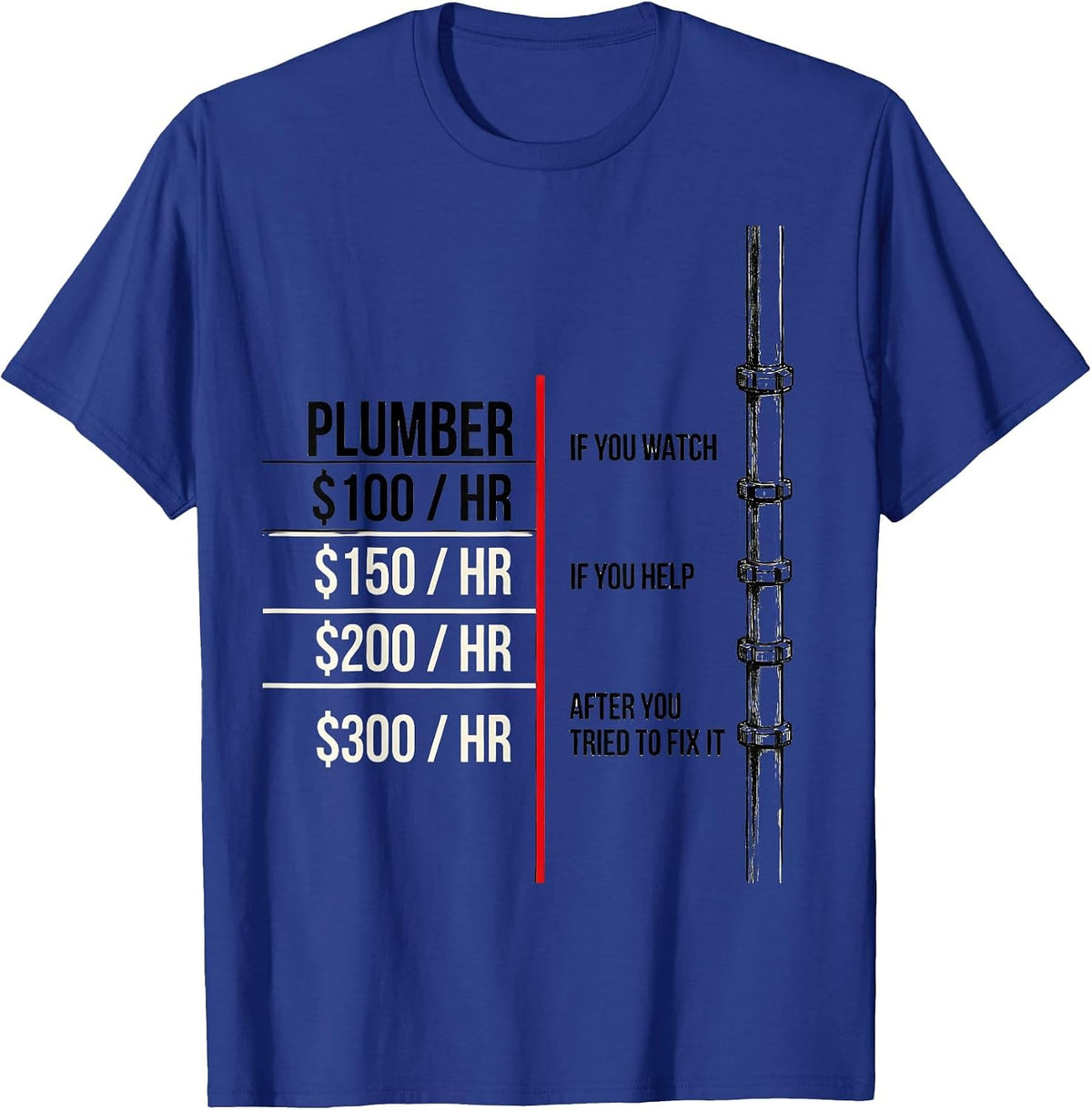 Plumber Hourly Rate Funny Plumbing Joke Gift T-Shirt - Royal Blue