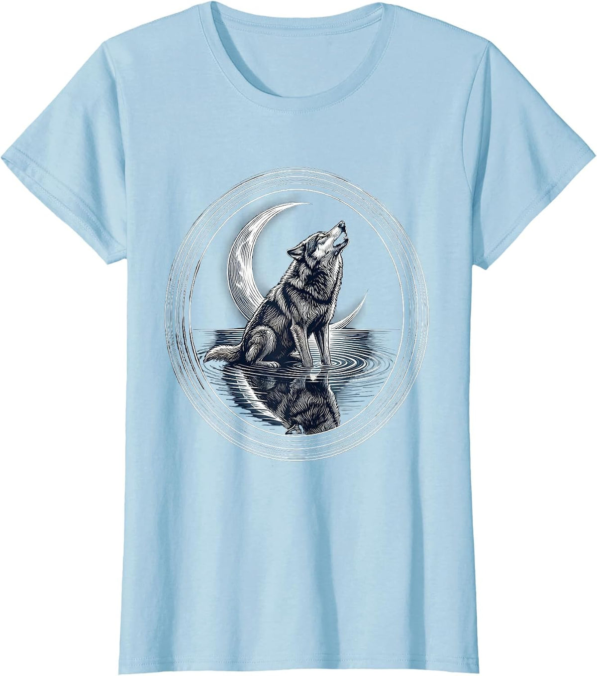 Wolf Howling Crescent Moon Mental Health Art T-Shirt - Baby Blue
