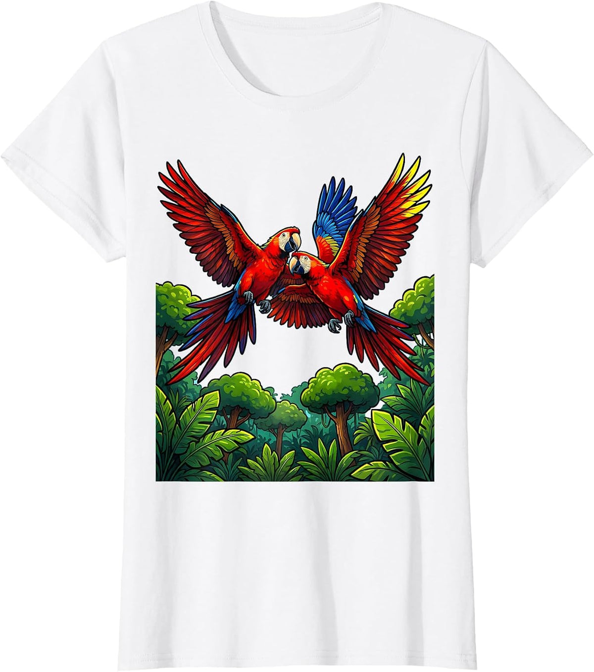Women's Ecuador Macaw Pair Flying Over Jungle Canopy T-Shirt - White