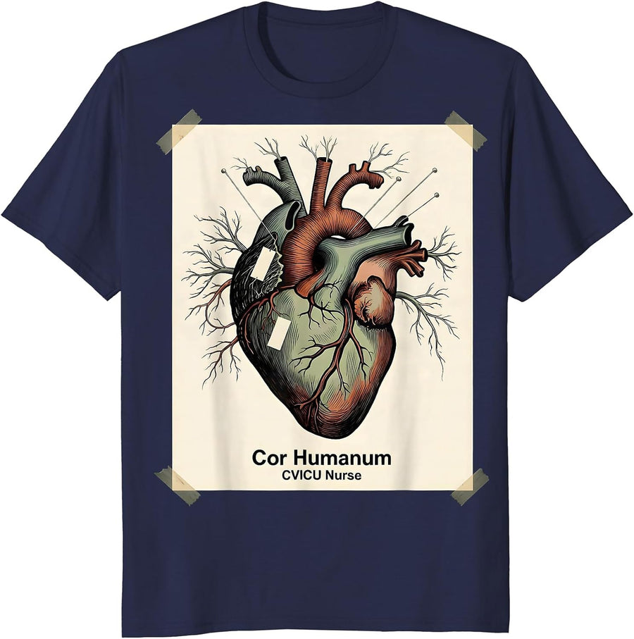 Cor Humanum CVICU Nurse Botanical Anatomy Cardiac T-Shirt - Navy Blue