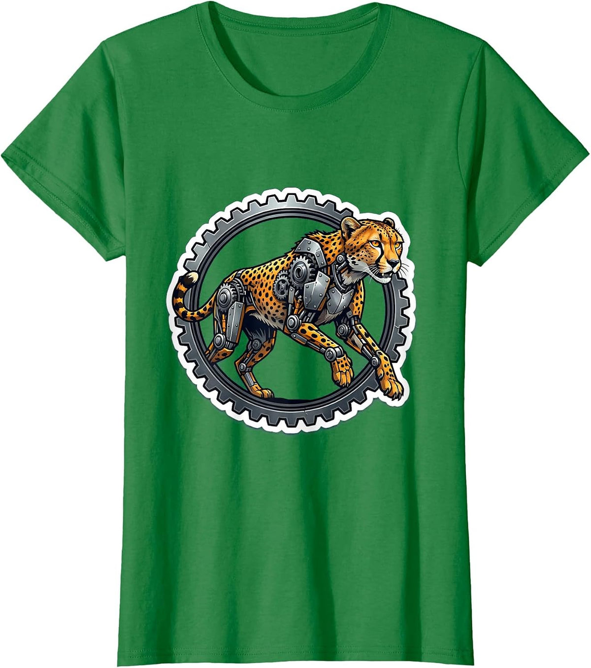 Mechanical Cheetah Steampunk Gear Art Design T-Shirt - Kelly Green