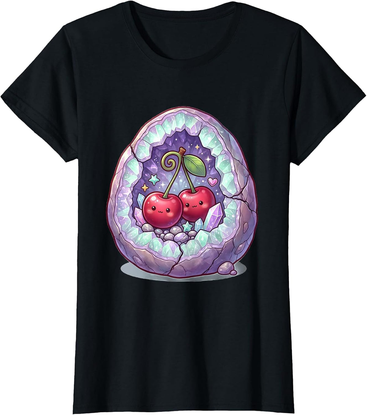Cherry Geode Crystal Nature Graphic T-Shirt - Black