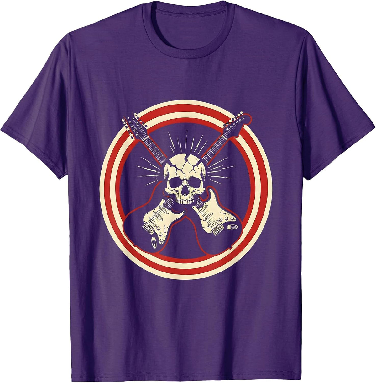 Crossed Guitars Cracked Skull Rock Graphic Tee T-Shirt - Purple