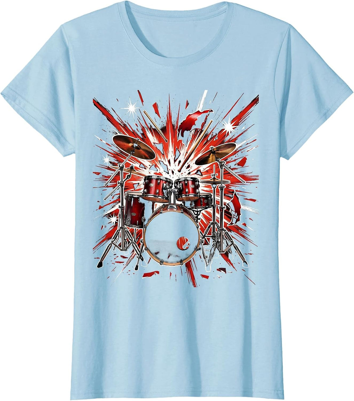 Drum Kit Exploding Fireworks Rock Band Graphic T-Shirt - Baby Blue