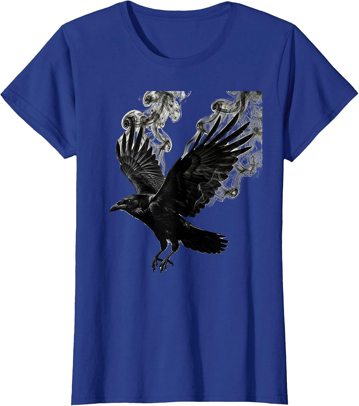 Women's Raven With Smoke Curling From Wings Art T-Shirt - Royal Blue