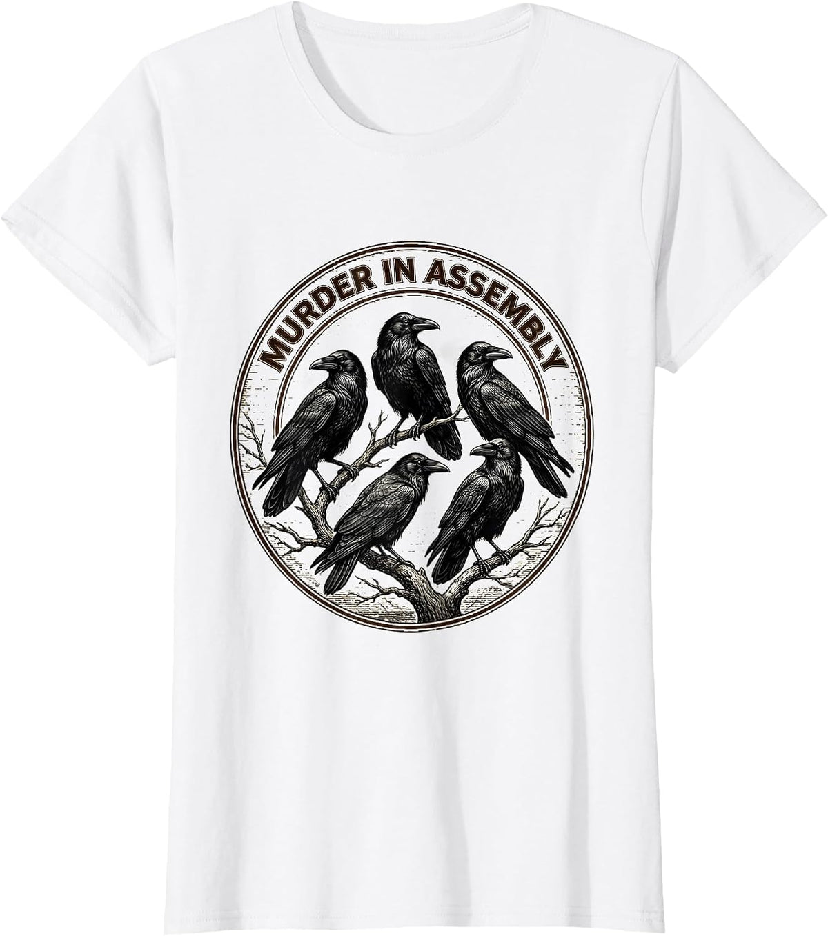 Women's Murder In Assembly Crosshatch Etching Crow Lover Bird Humor T-Shirt - White
