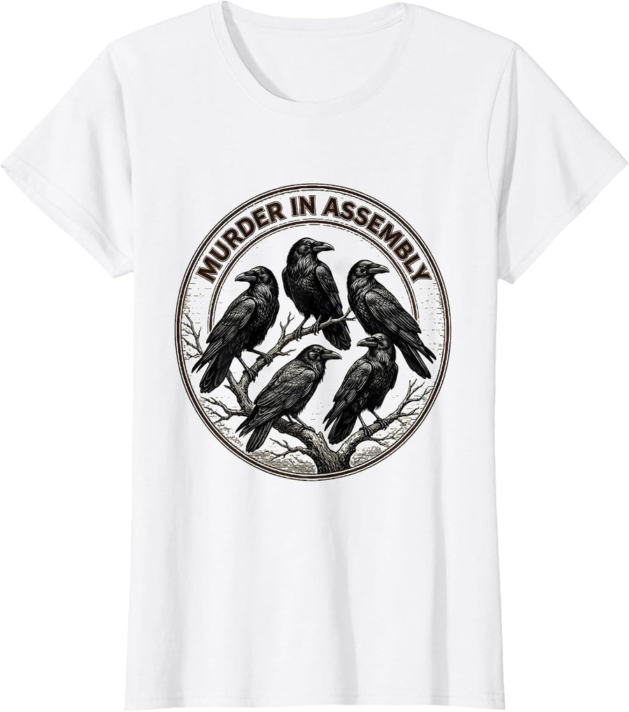 Women's Murder In Assembly Crosshatch Etching Crow Lover Bird Humor T-Shirt - White