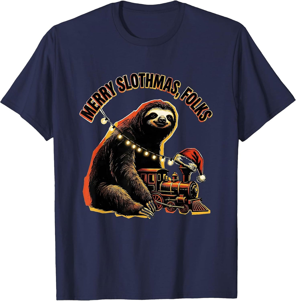 Merry Slothmas Folks Funny Sloth Lover Christmas Lights T-Shirt - Navy Blue
