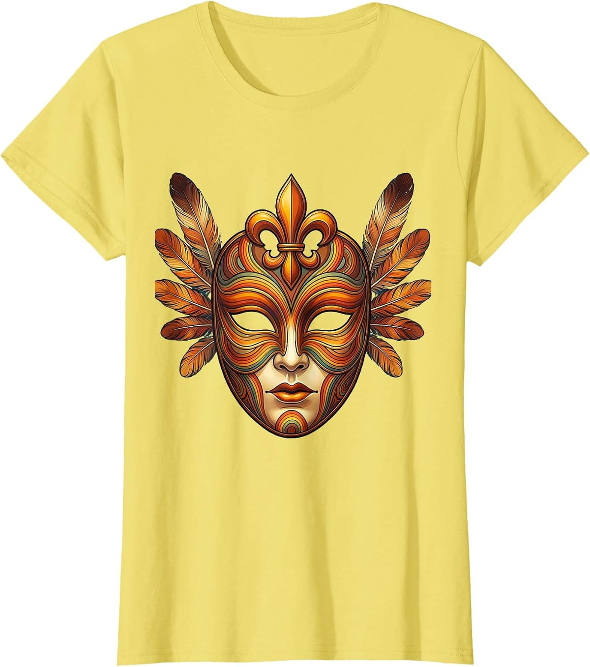 Women's Mardi Gras Ornate Venetian Mask Fleur-de-Lis T-Shirt - Lemon Yellow