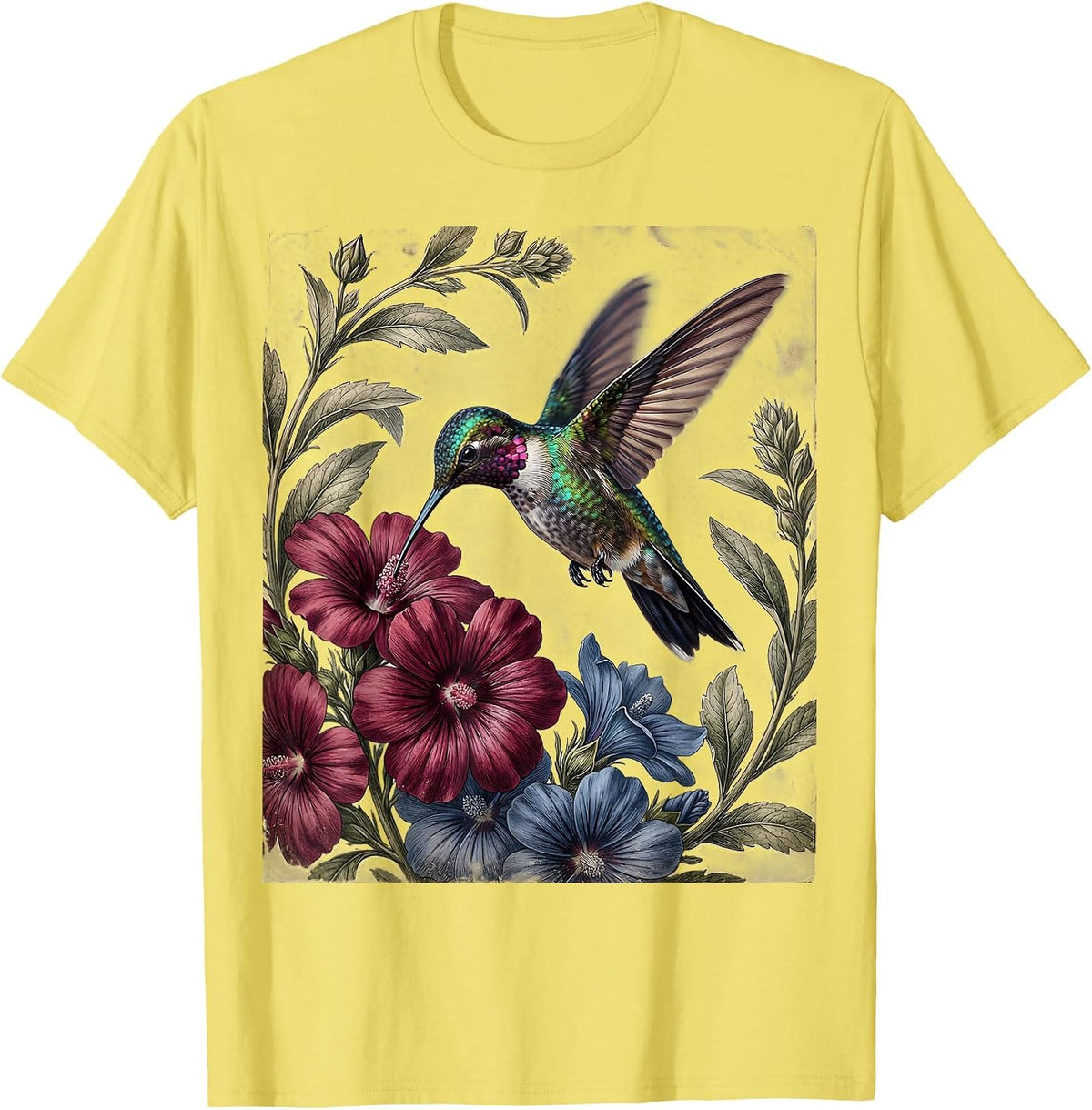 Men's Hummingbird Red White and Blue Floral Design T-Shirt - Lemon Yellow