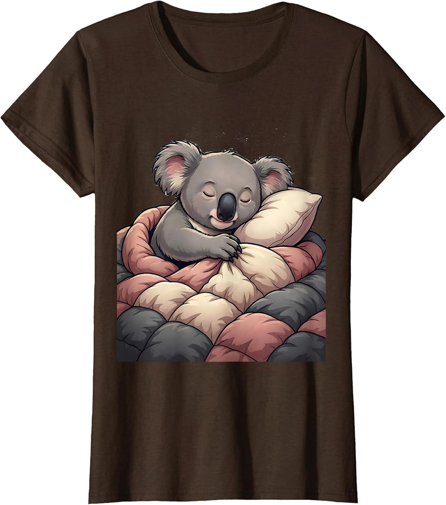 Women's Koala Sleeping Cartoon Animal Lover Pajama T-Shirt - Brown