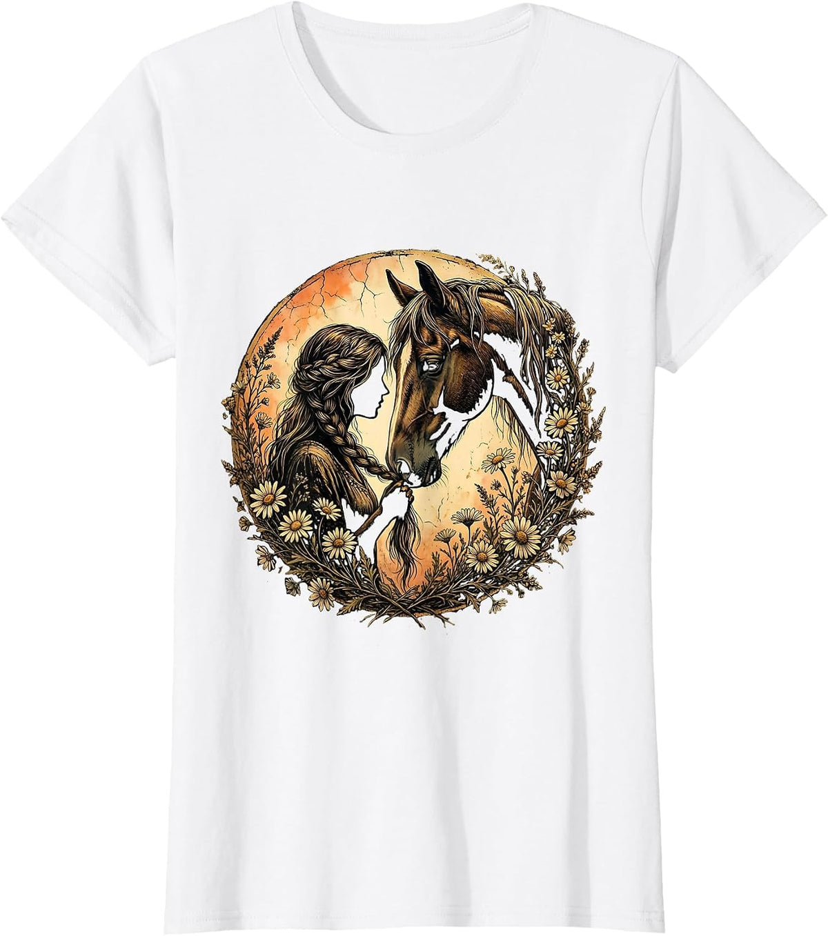 Western Horse Braiding Illustration Graphic Tee T-Shirt - White