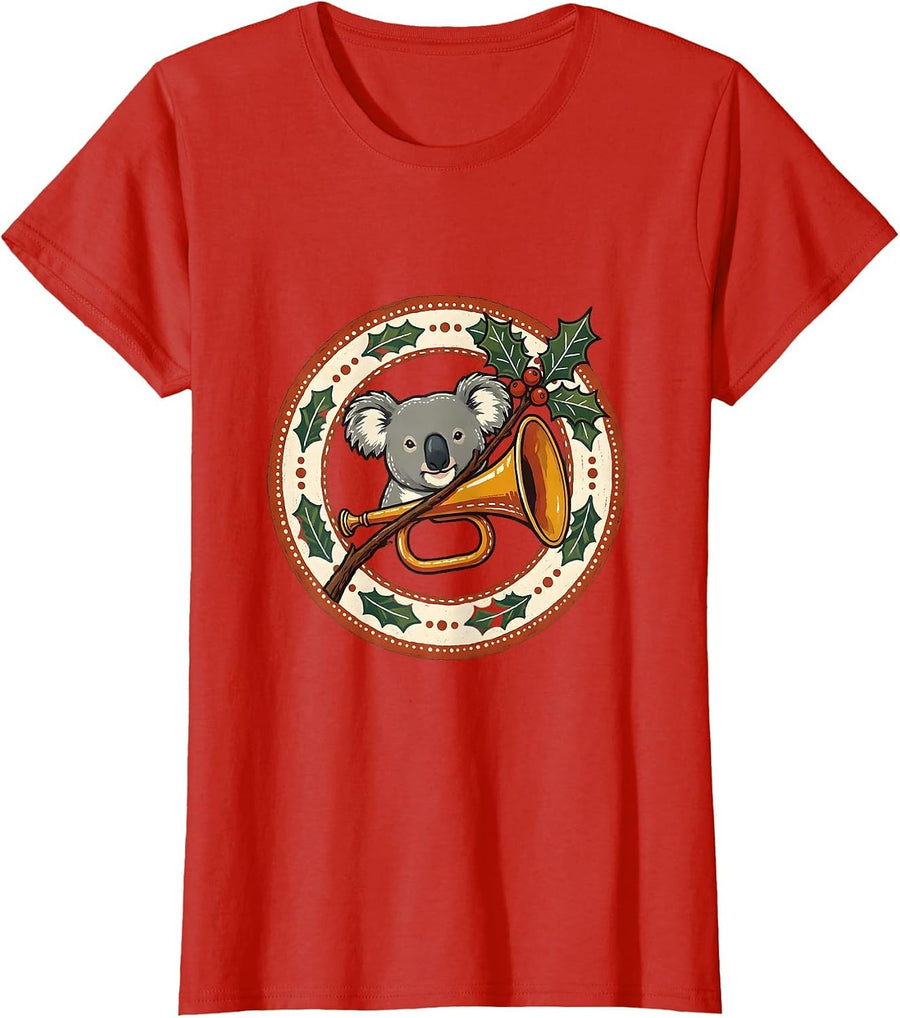 Women's Koala Christmas Folk Art Badge Cute Aussie Animal Lover T-Shirt - Red