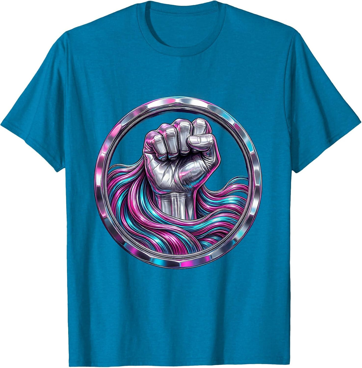 80s Rock Hand Long Hair Graphic Tee T-Shirt - Sapphire Blue