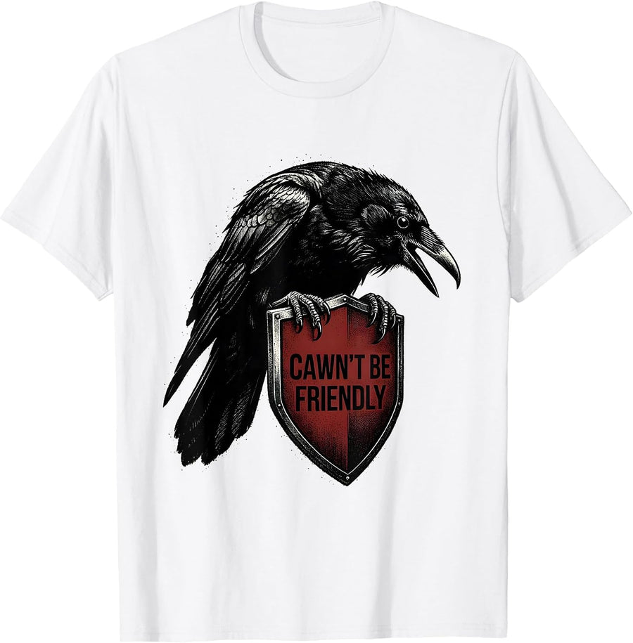 Men's Cawn't Be Friendly Blackwork Dotwork Crow Gothic Humor T-Shirt - White