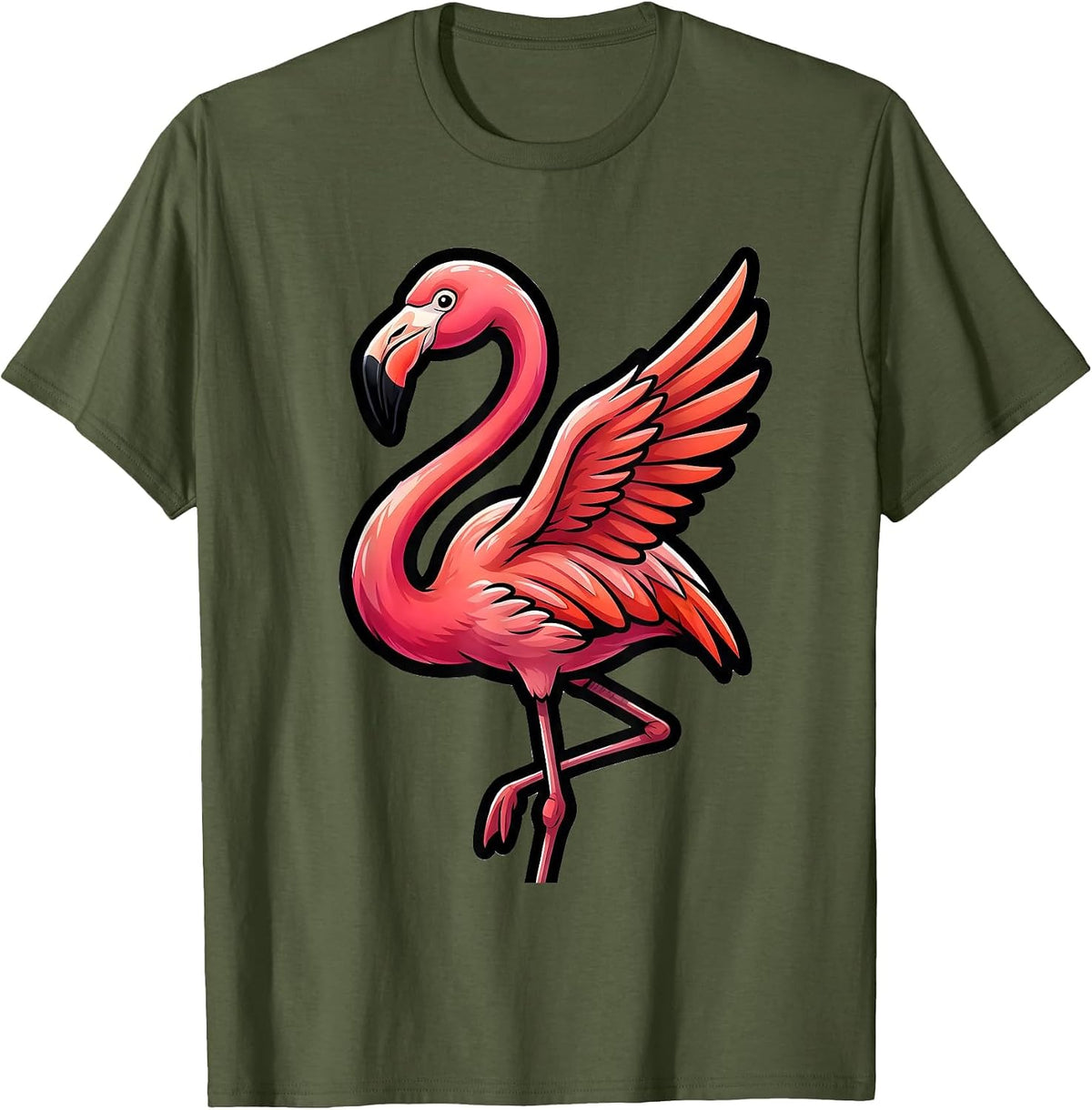 Men's Flamingo Bold Cartoon Pink Summer Vacation Gift T-Shirt - Olive Green